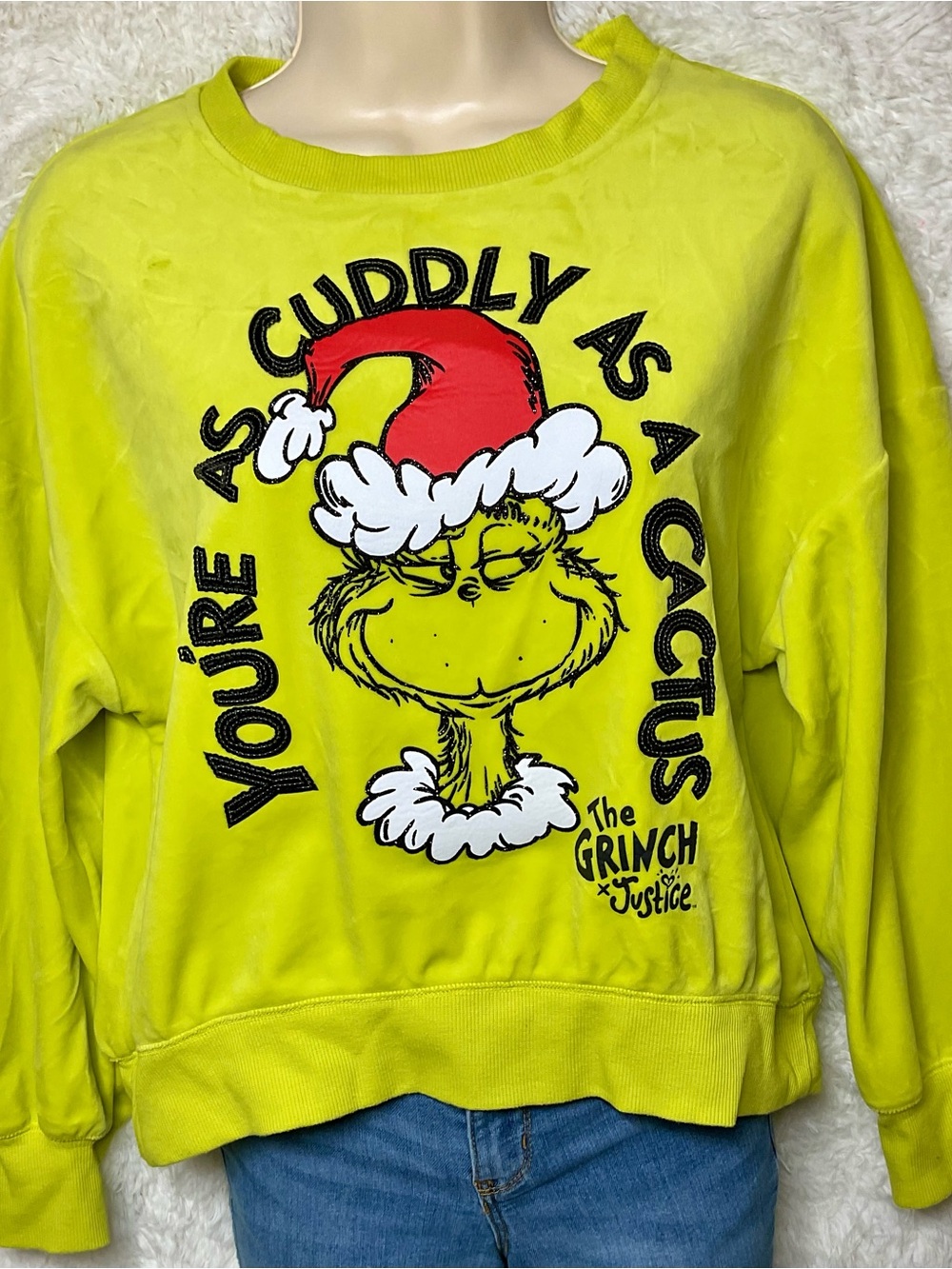 Justice Grinch Velvet Sweater You’re As Cuddly As A Cactus Sz L 12/14